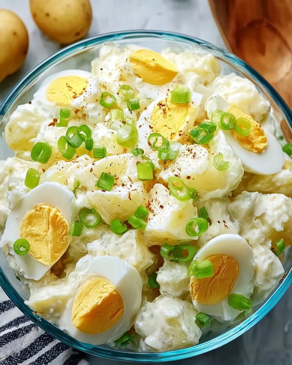 Classic potato salad with creamy dressing and tangy flavors in a bowl.