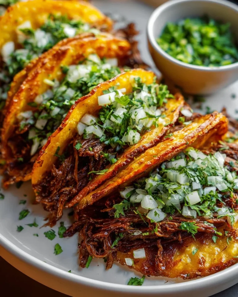 Delicious Instant Pot Birria served with tacos and garnished with onions and cilantro.