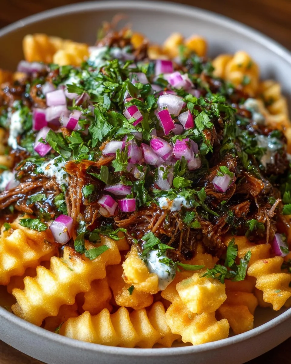 Delicious loaded birria fries topped with cheese and savory birria meat.