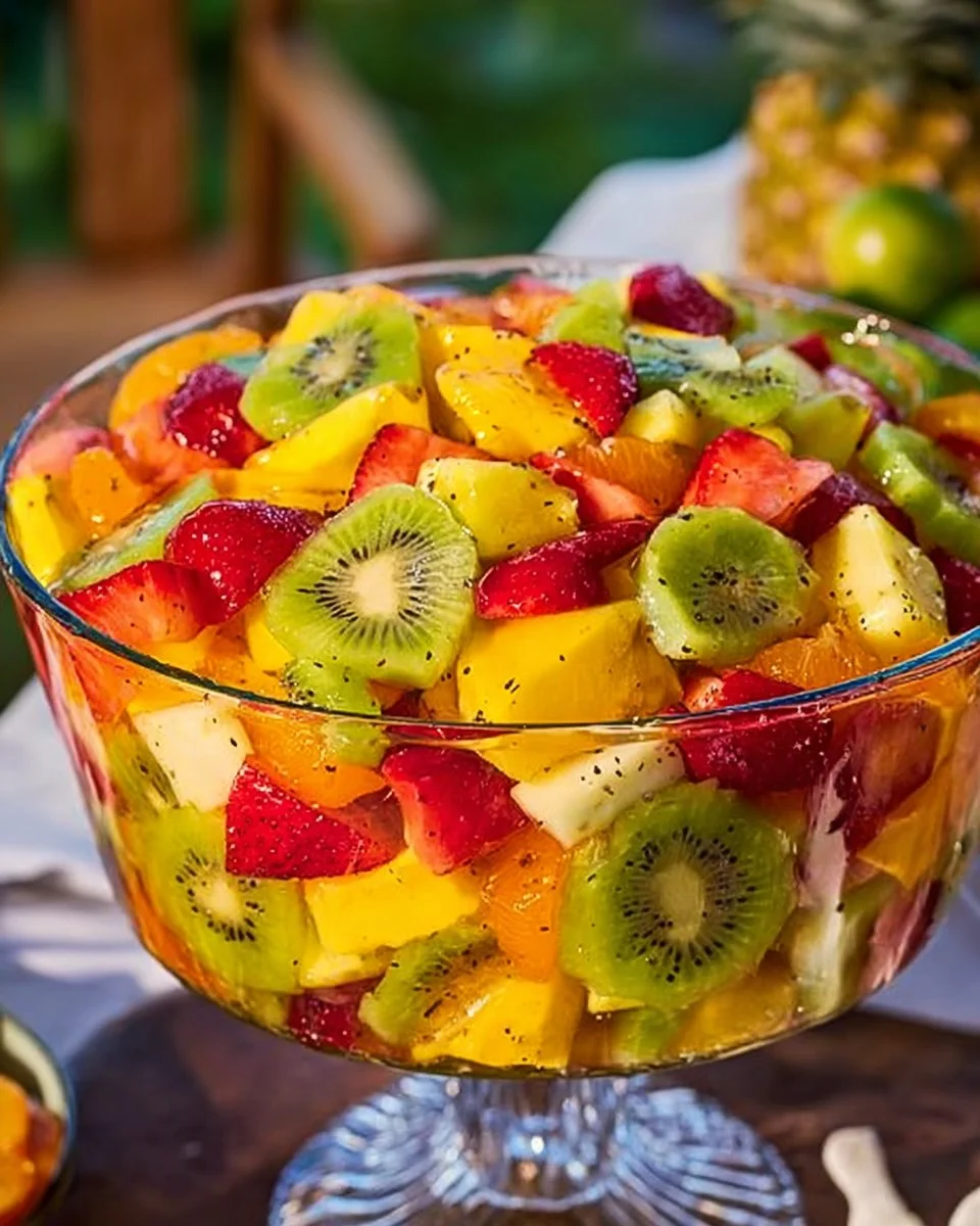 A colorful tropical fruit salad featuring fresh pineapple, mango, and kiwi.