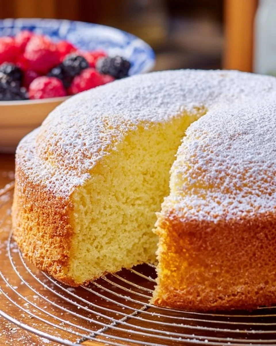 Delicious vanilla buttermilk cake topped with frosting and fresh berries.