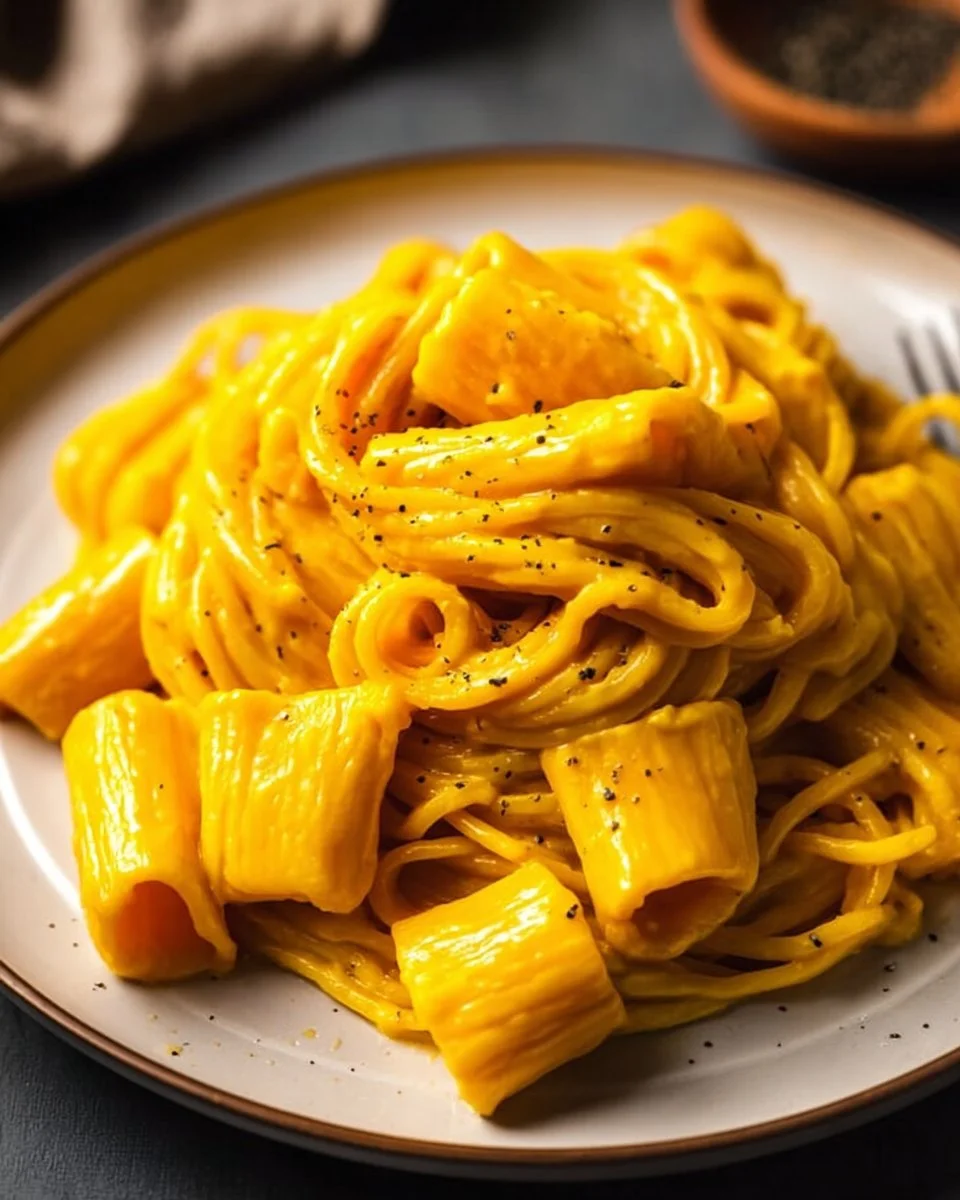 Vegan butternut squash pasta served in a bowl with herbs and spices.