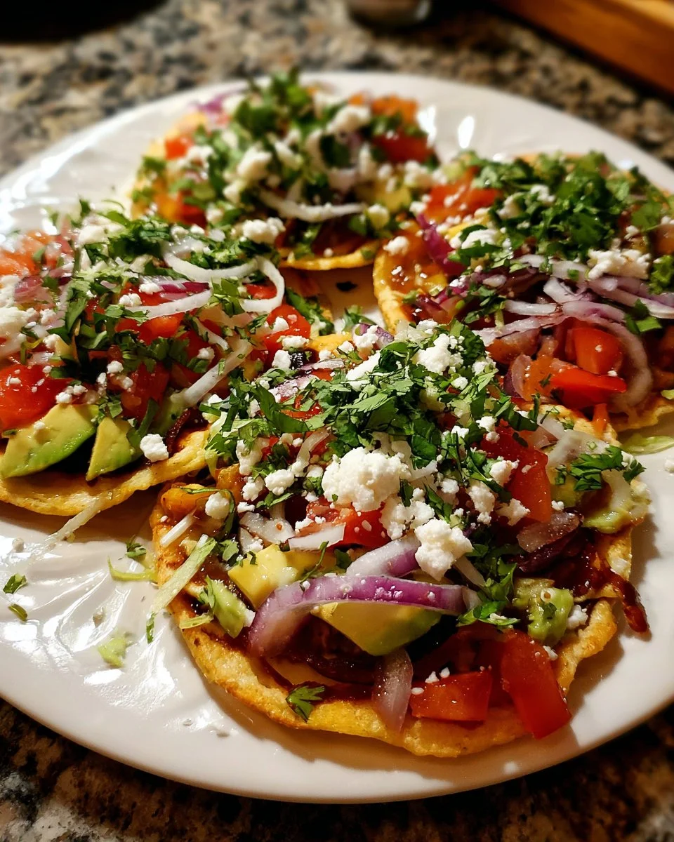 Delicious vegetarian tostadas topped with fresh vegetables and sauces.