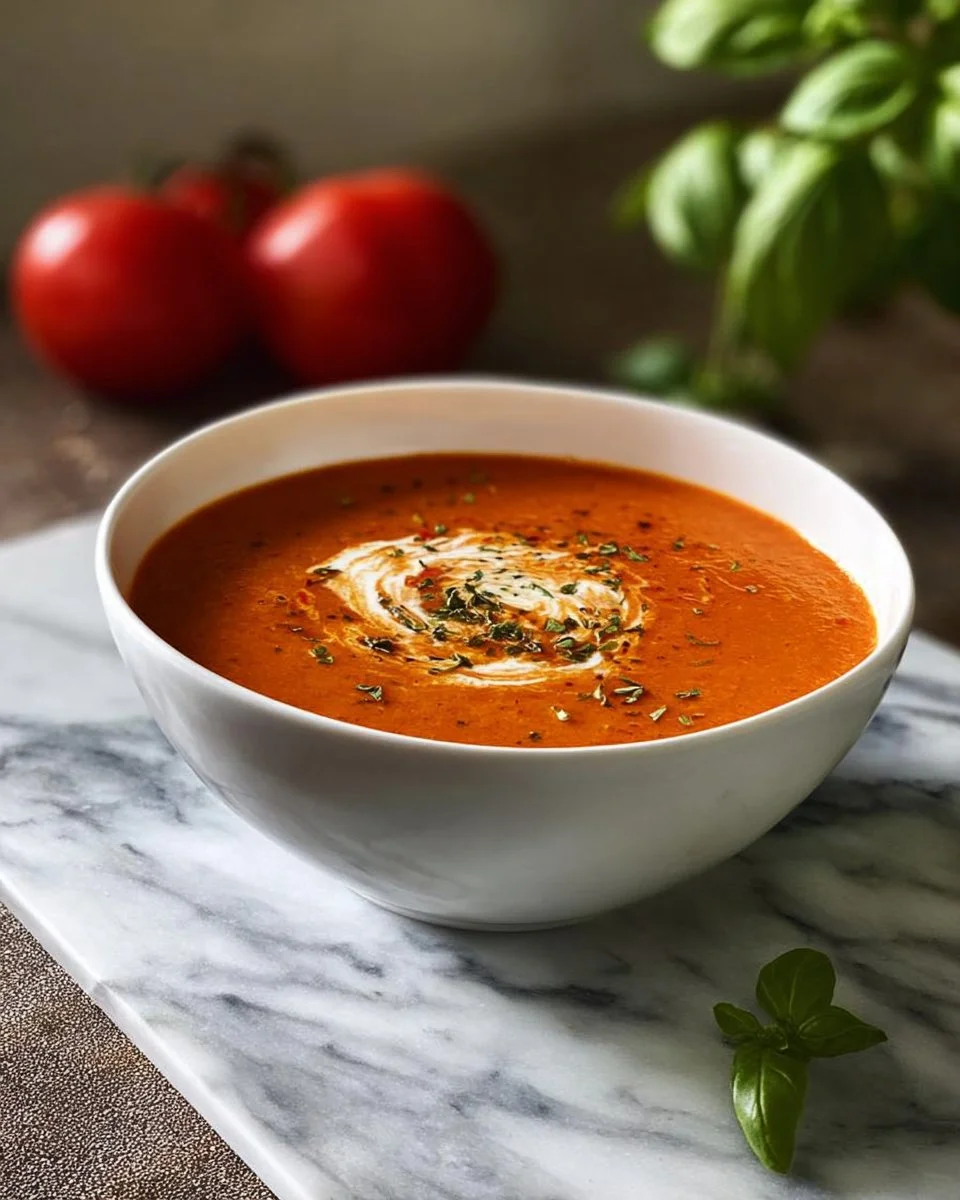 Bowl of creamy roasted tomato basil soup garnished with basil leaves.