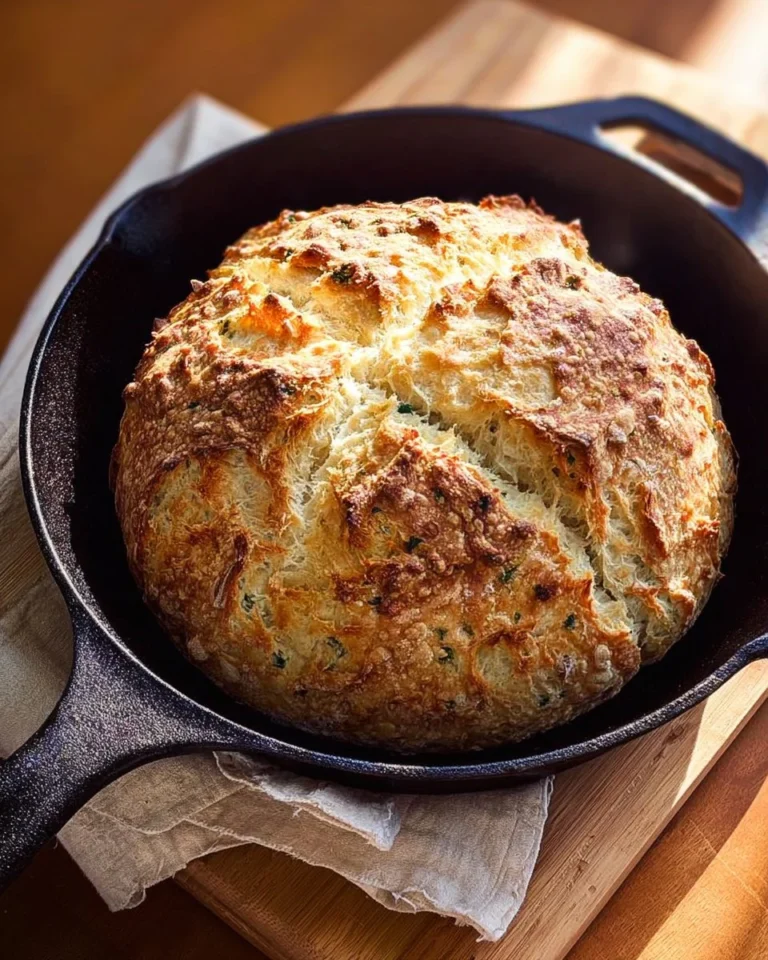 Freshly baked Cheddar and Herb Irish soda bread on a wooden table.