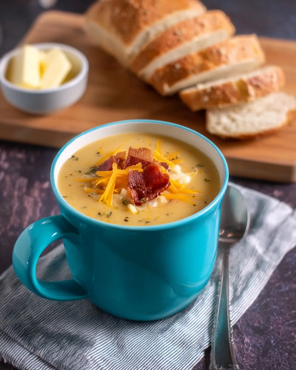 Bowl of easy cheesy potato bacon corn chowder garnished with herbs