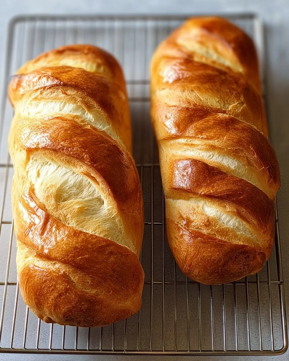 Freshly baked easy French bread baguettes on a wooden cutting board