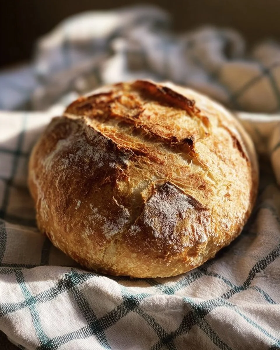 Freshly baked easy no-knead artisan bread loaf on wooden table