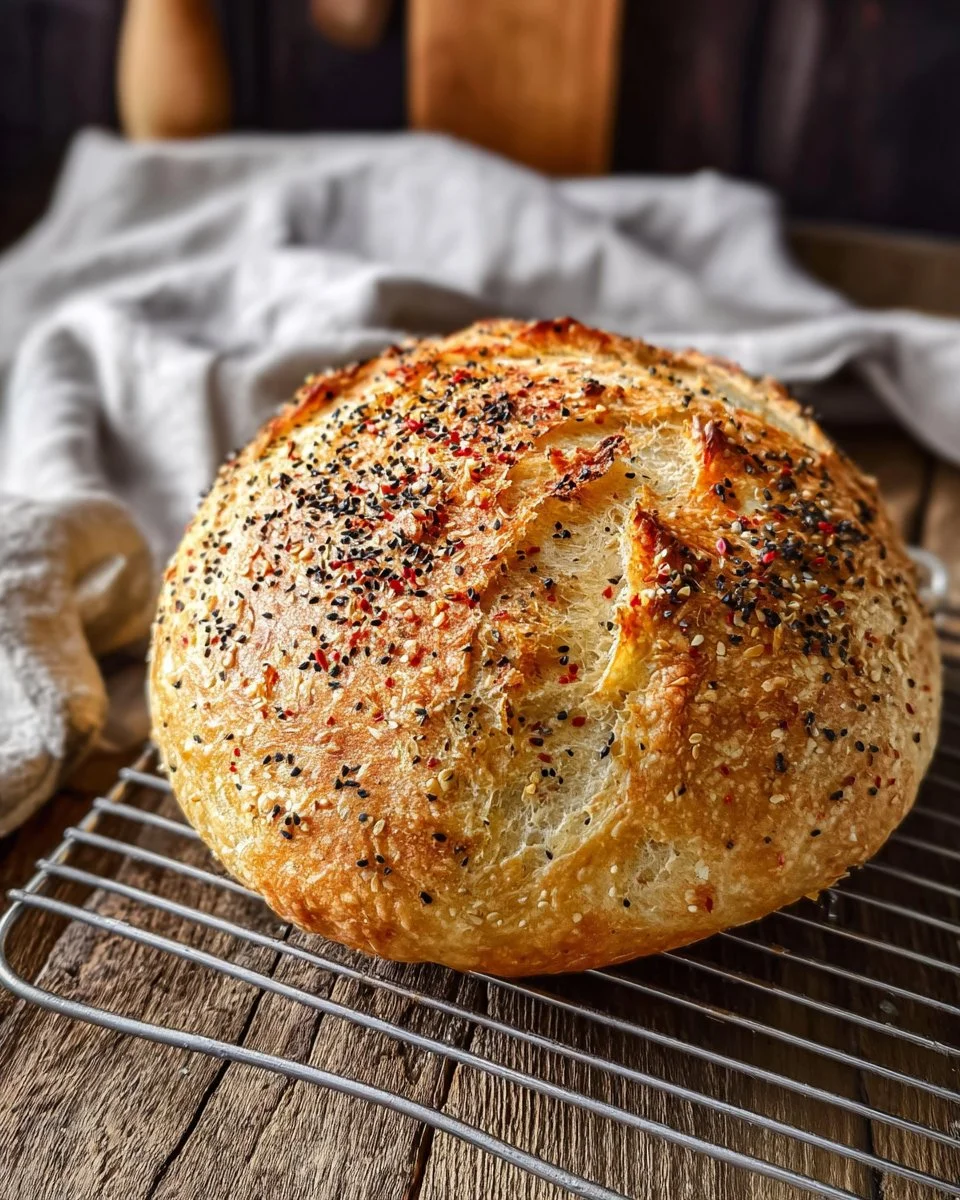 Loaf of Everything Bagel No-Knead Bread with toppings on a wooden board