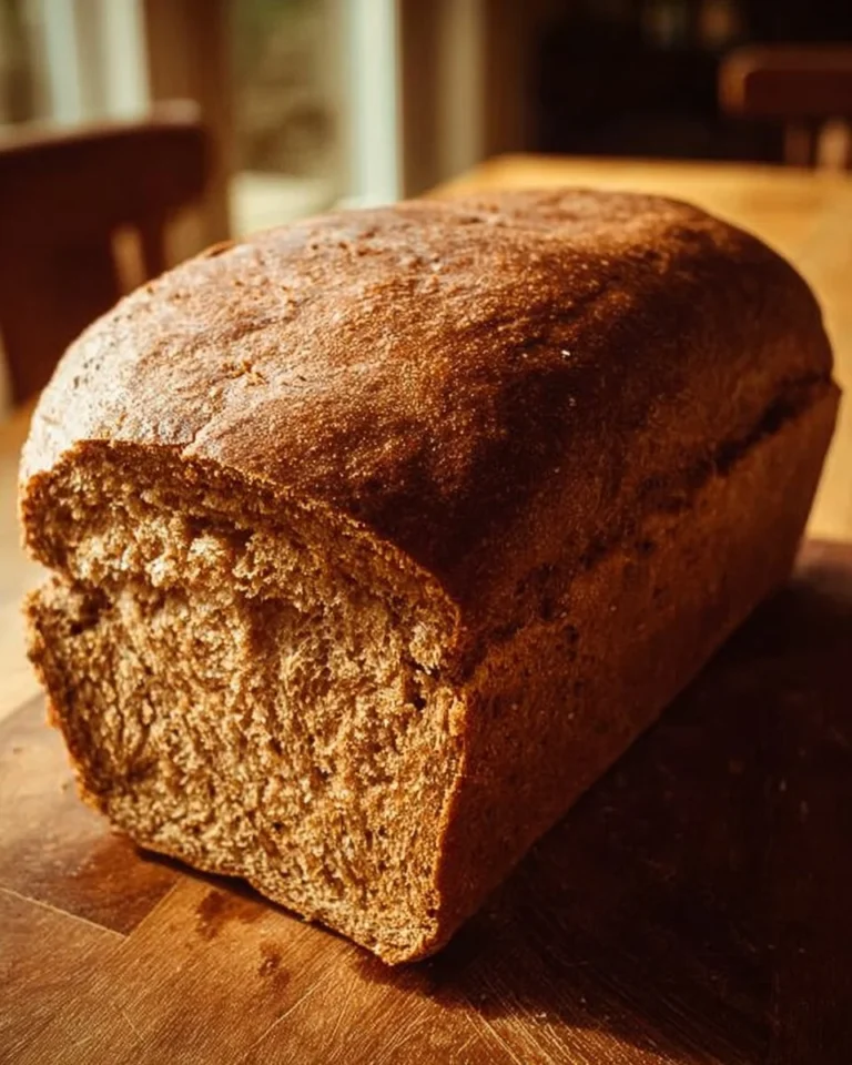 Freshly baked Grandmother's brown bread on a wooden table