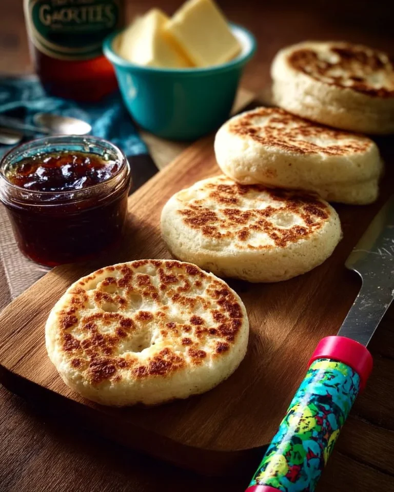Homemade English crumpets served with butter and jam