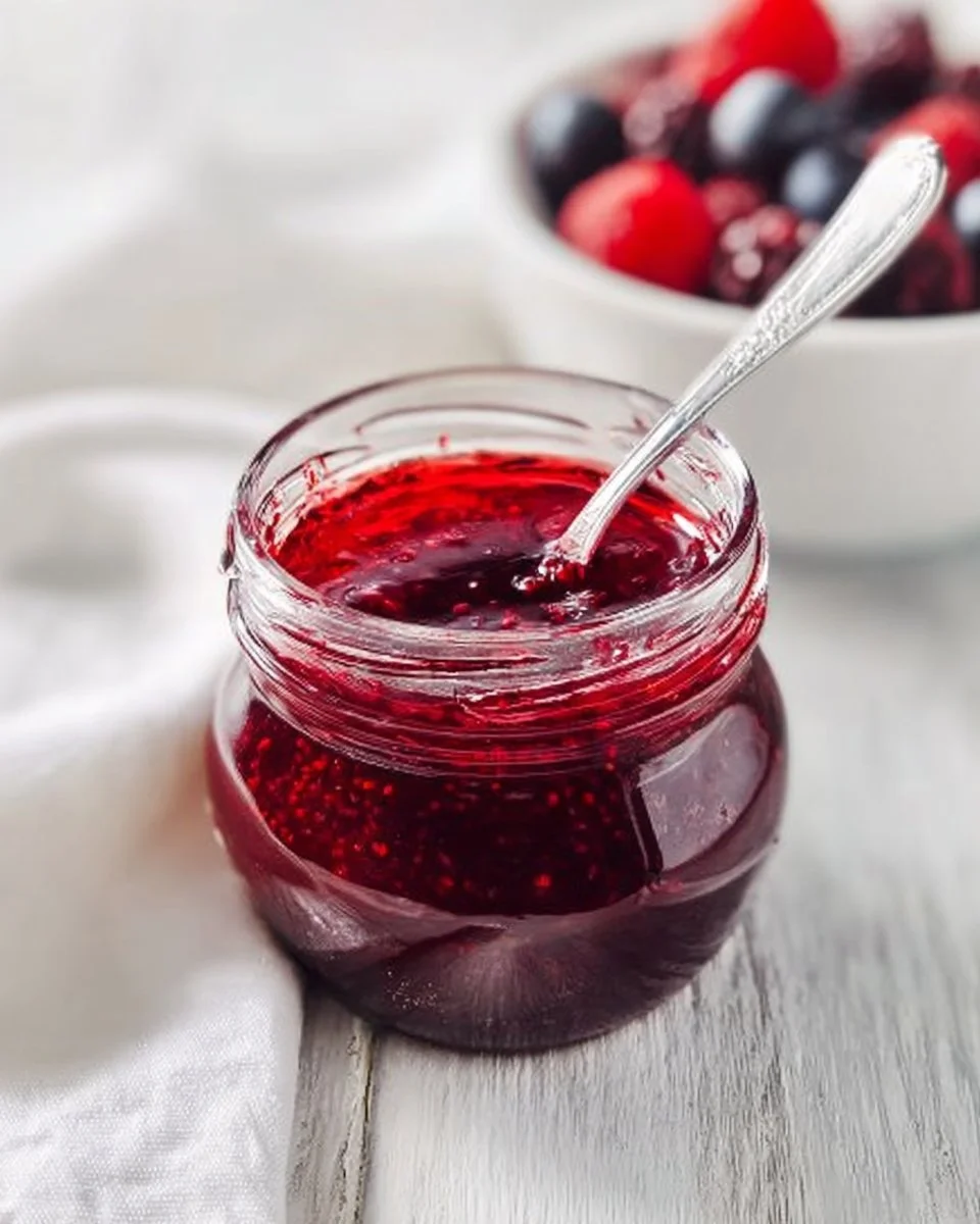 Homemade mixed berry sauce drizzled over pancakes