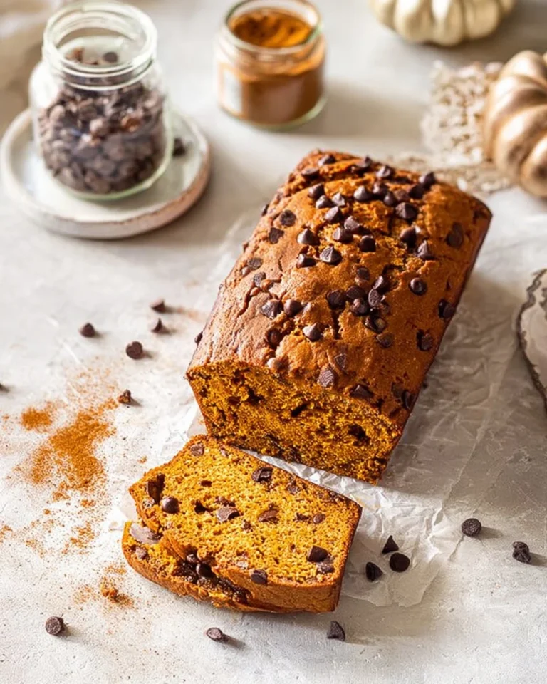 Freshly baked Pumpkin Chocolate Chip Bread on a wooden serving board