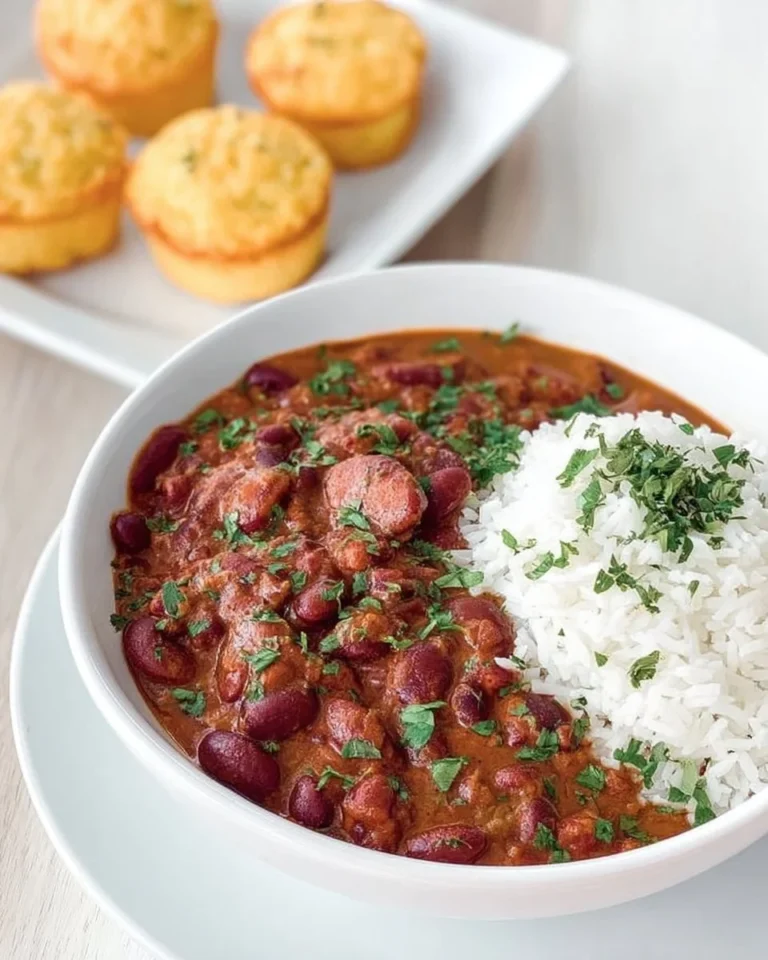 Plate of Quick Cajun Red Beans and Rice garnished with fresh herbs.