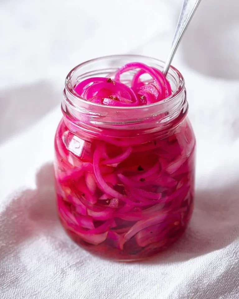 Quick and easy pickled red onions in a jar on a kitchen counter.