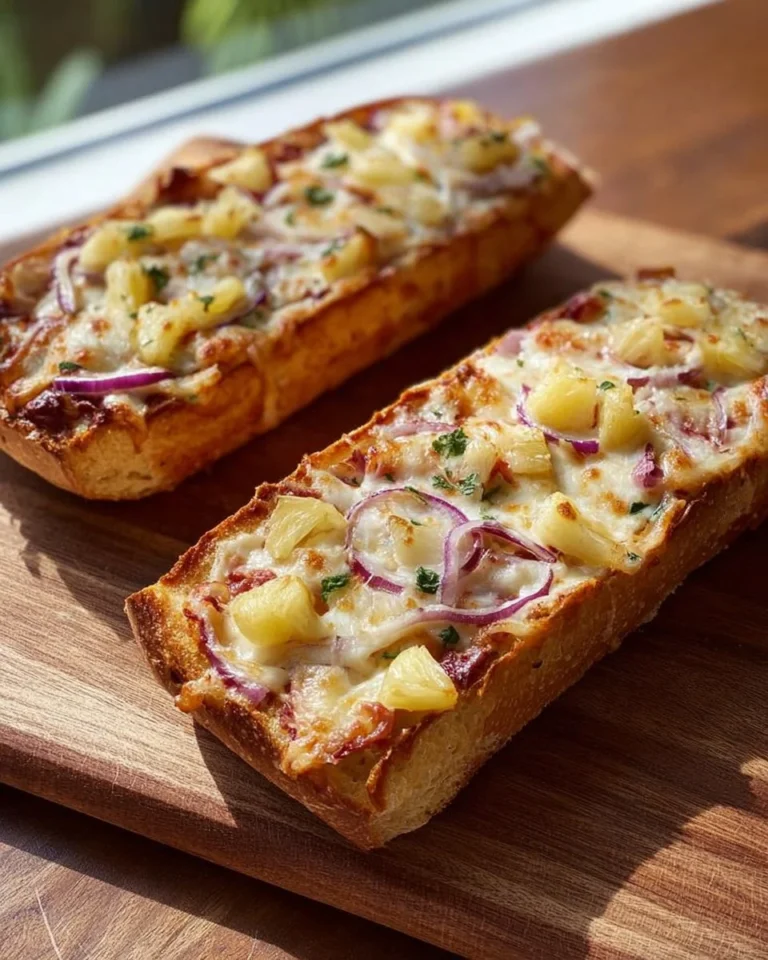 Quick and easy French bread pizzas topped with cheese and pepperoni.