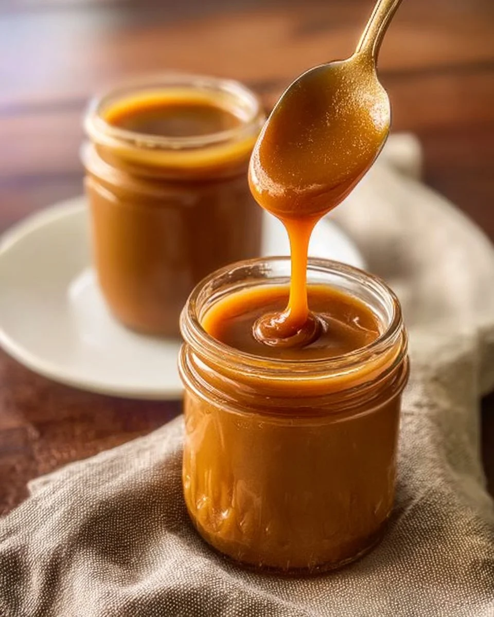 Homemade caramel sauce drizzled over desserts.