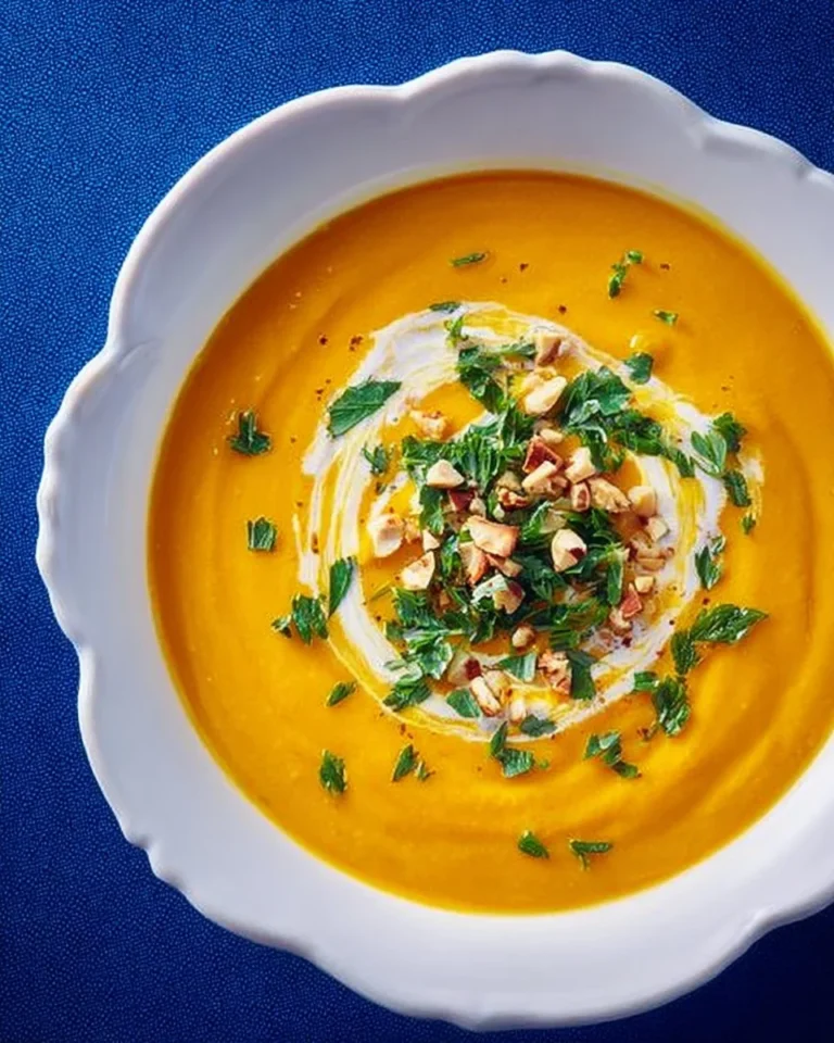A bowl of Thai Coconut Delicata Squash Soup garnished with herbs and spices.