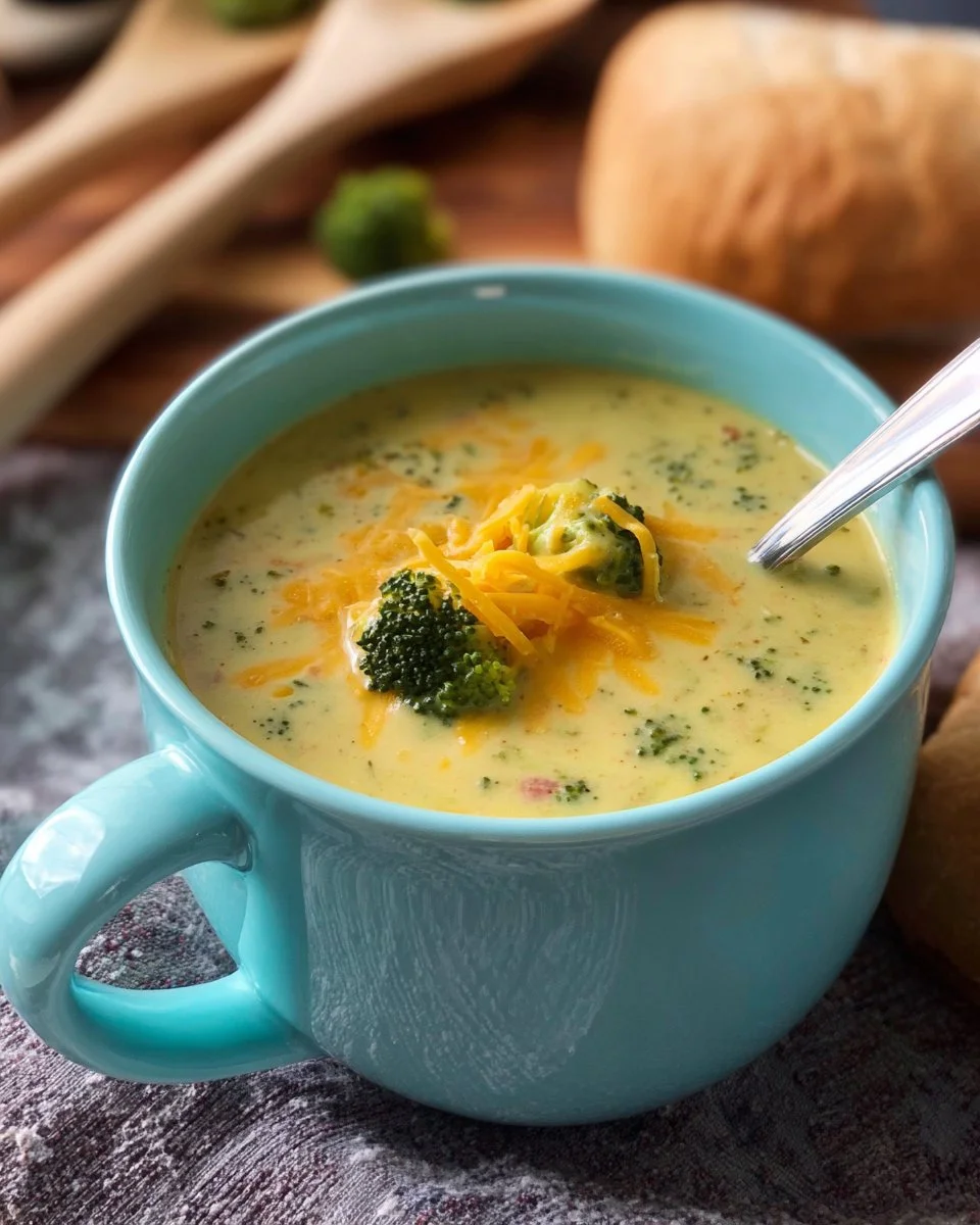 Delicious bowl of homemade broccoli cheese soup topped with herbs and cheese.