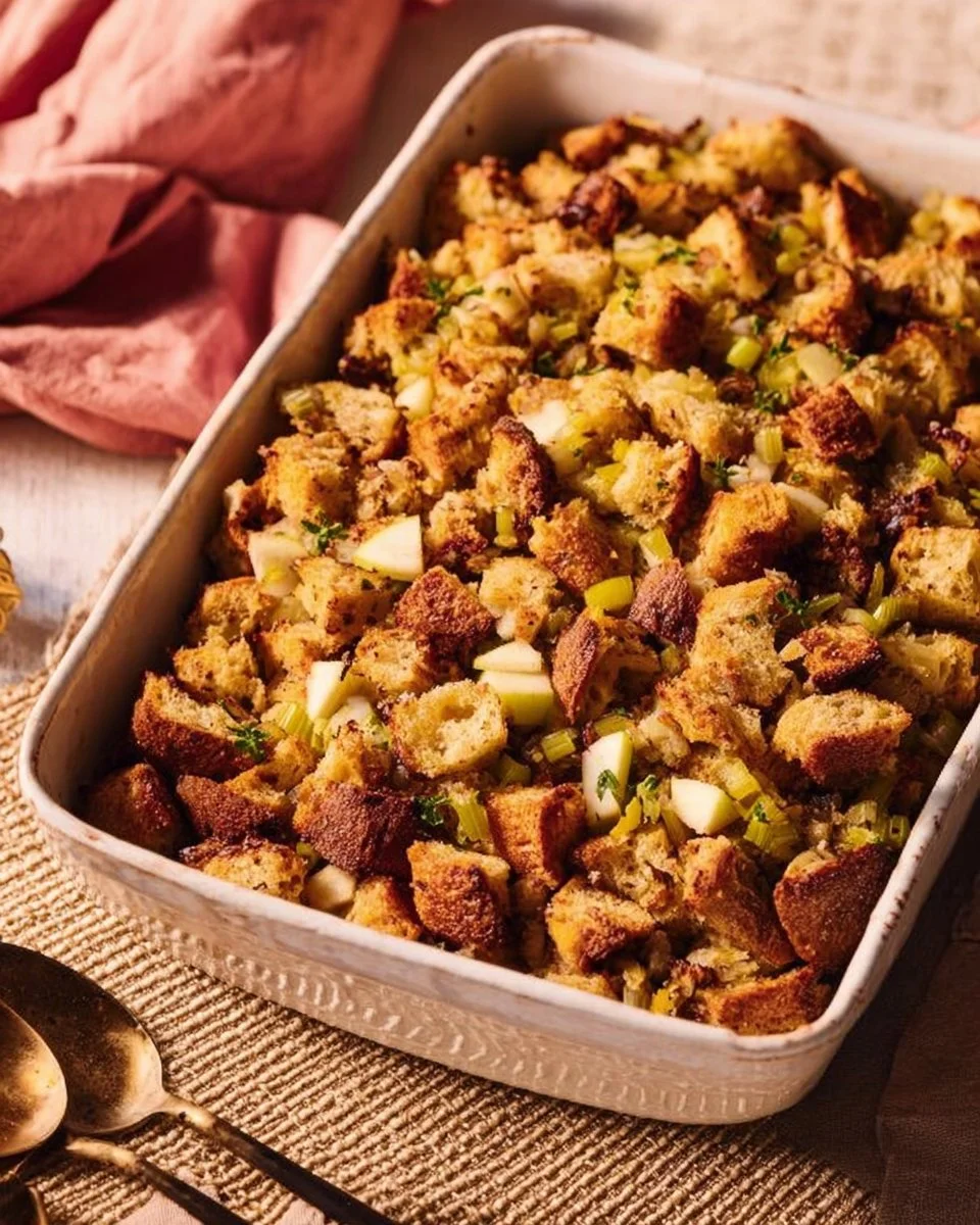 Delicious apple sausage stuffing served in a bowl