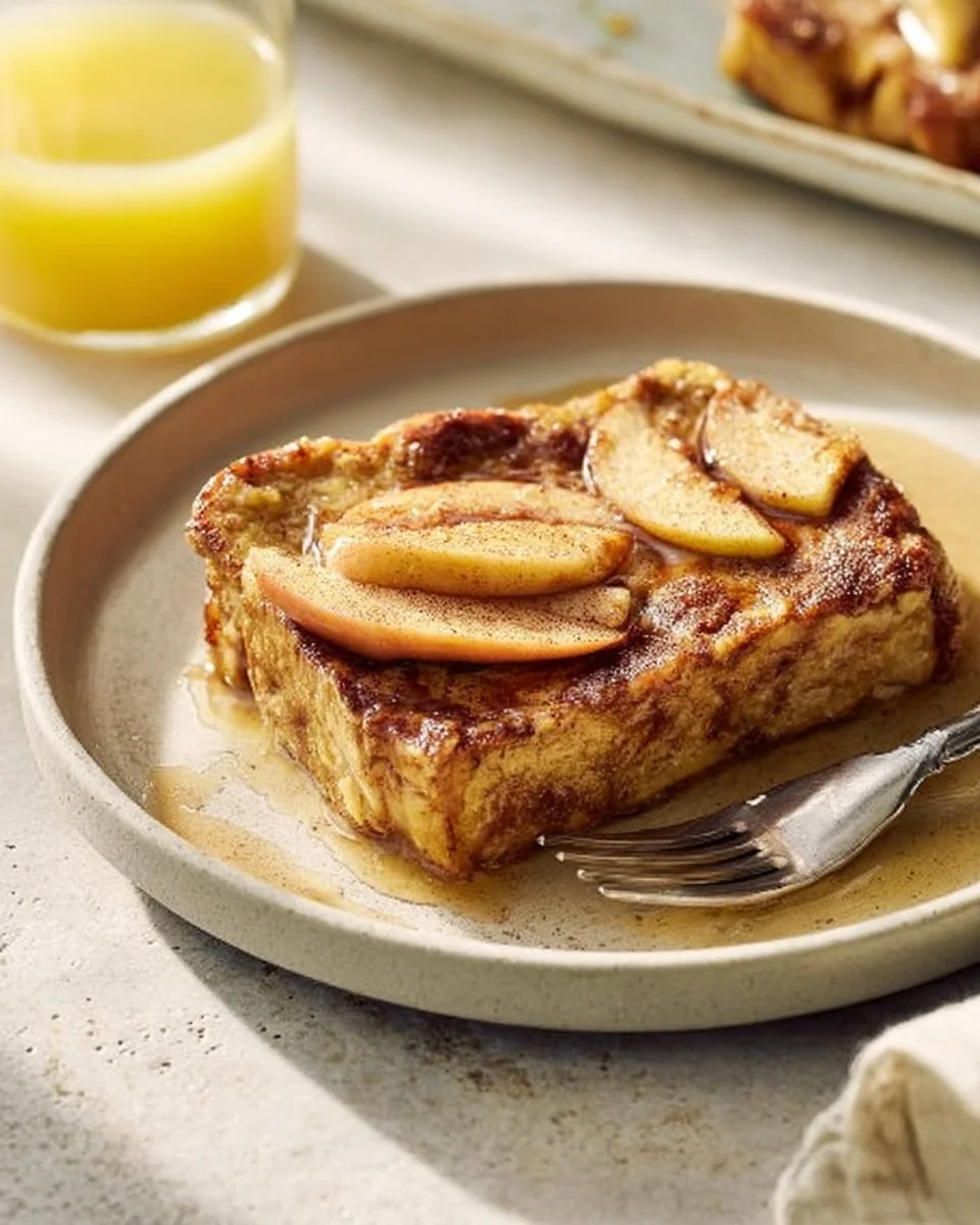 Delicious Apple French Toast Bake fresh out of the oven, topped with cinnamon.