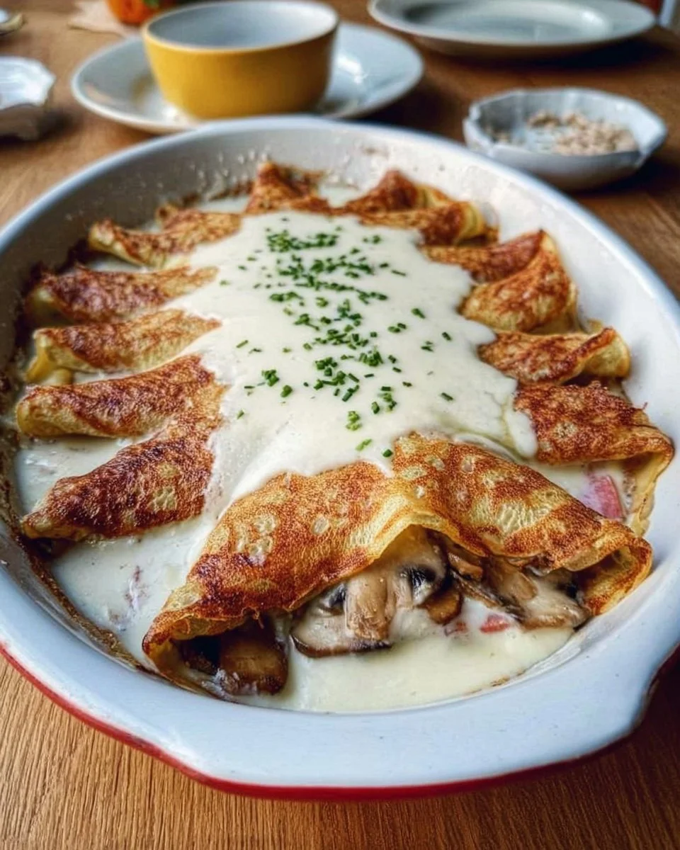 Baked crepes filled with ham and mushrooms, garnished and ready to serve.