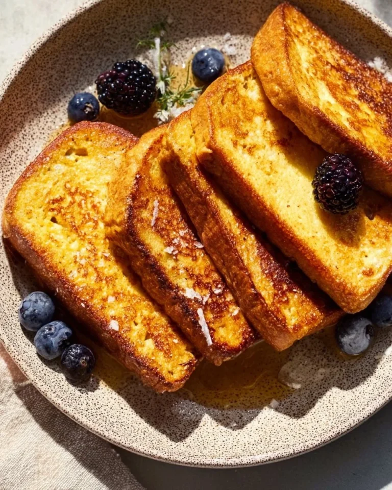 Delicious baked French toast sticks served with syrup and berries