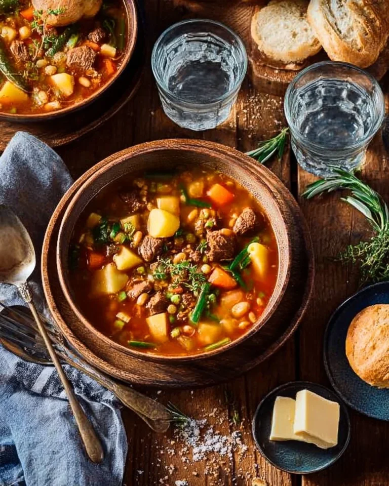 Delicious Beef & Barley Vegetable Soup garnished with fresh herbs