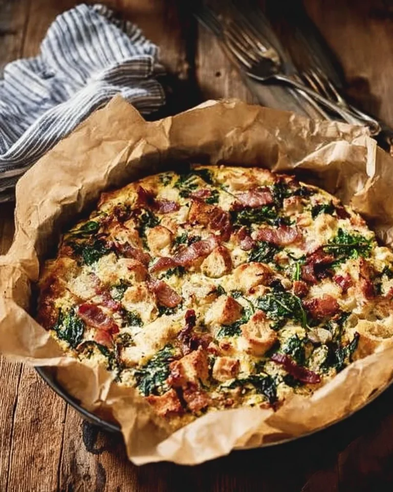 Delicious breakfast casserole topped with cheese and herbs, perfect for brunch.