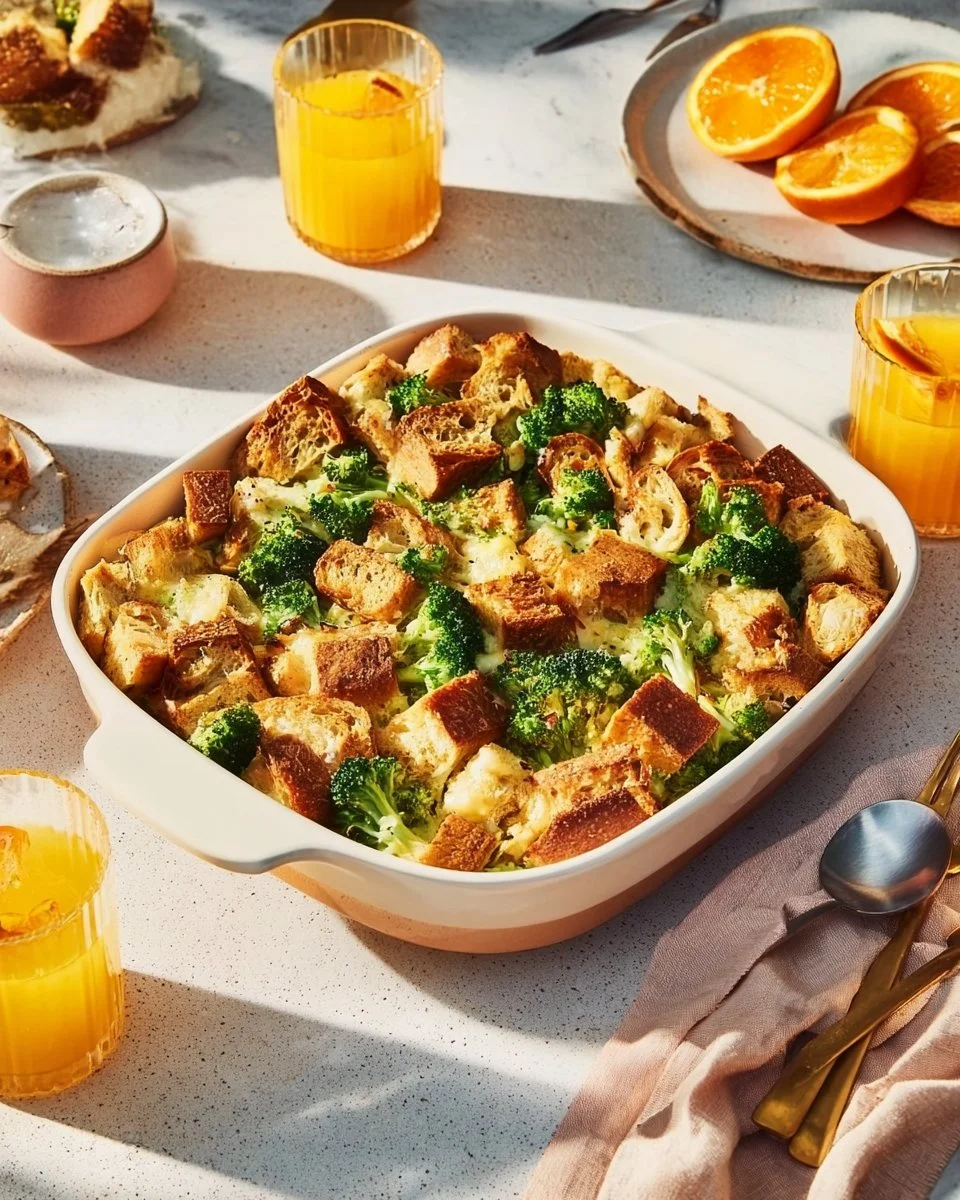 Delicious Broccoli-Cheddar Breakfast Strata served on a plate
