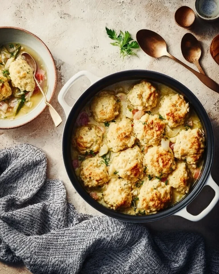 Bowl of chicken and dumplings with fresh herbs and vegetables