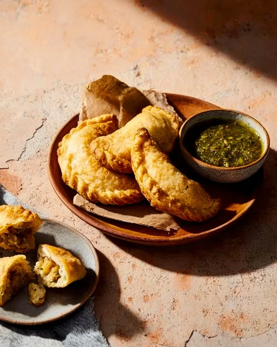 Delicious chicken empanadas served with flavorful green sauce