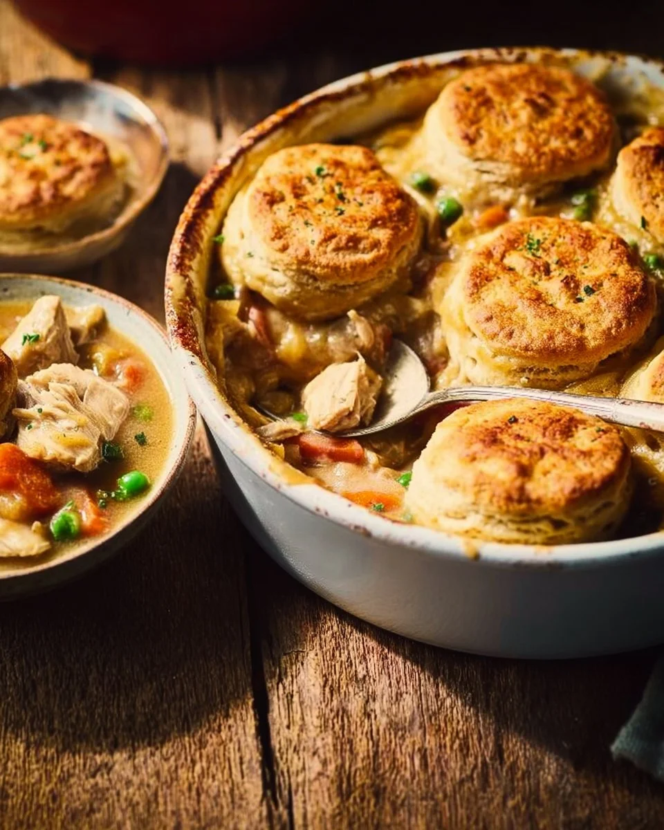 Homemade Chicken Pot Pie with flaky biscuits on top, served warm in a dish.