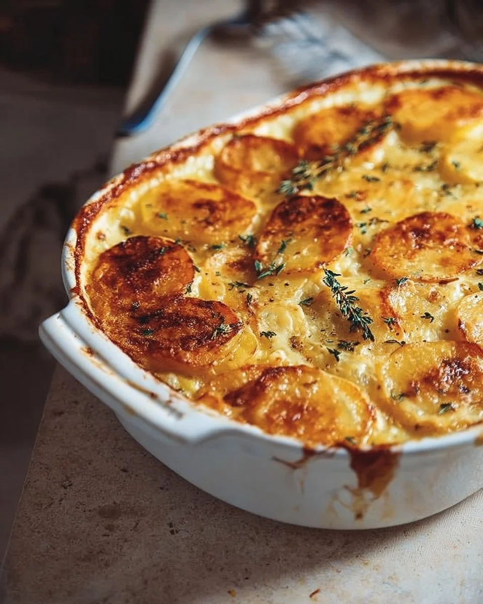 Baked Classic Scalloped Potatoes with cheese and herbs in a casserole dish
