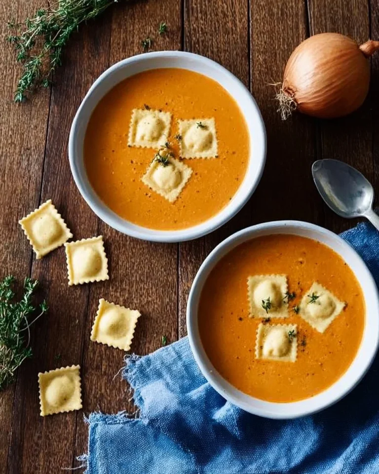 Bowl of creamy tomato soup garnished with fresh basil and served with bread