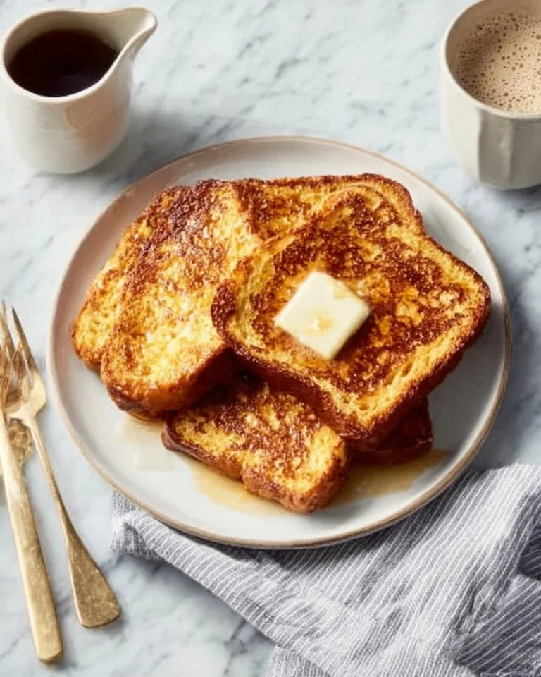 Deliciously golden French toast topped with fresh berries and syrup.