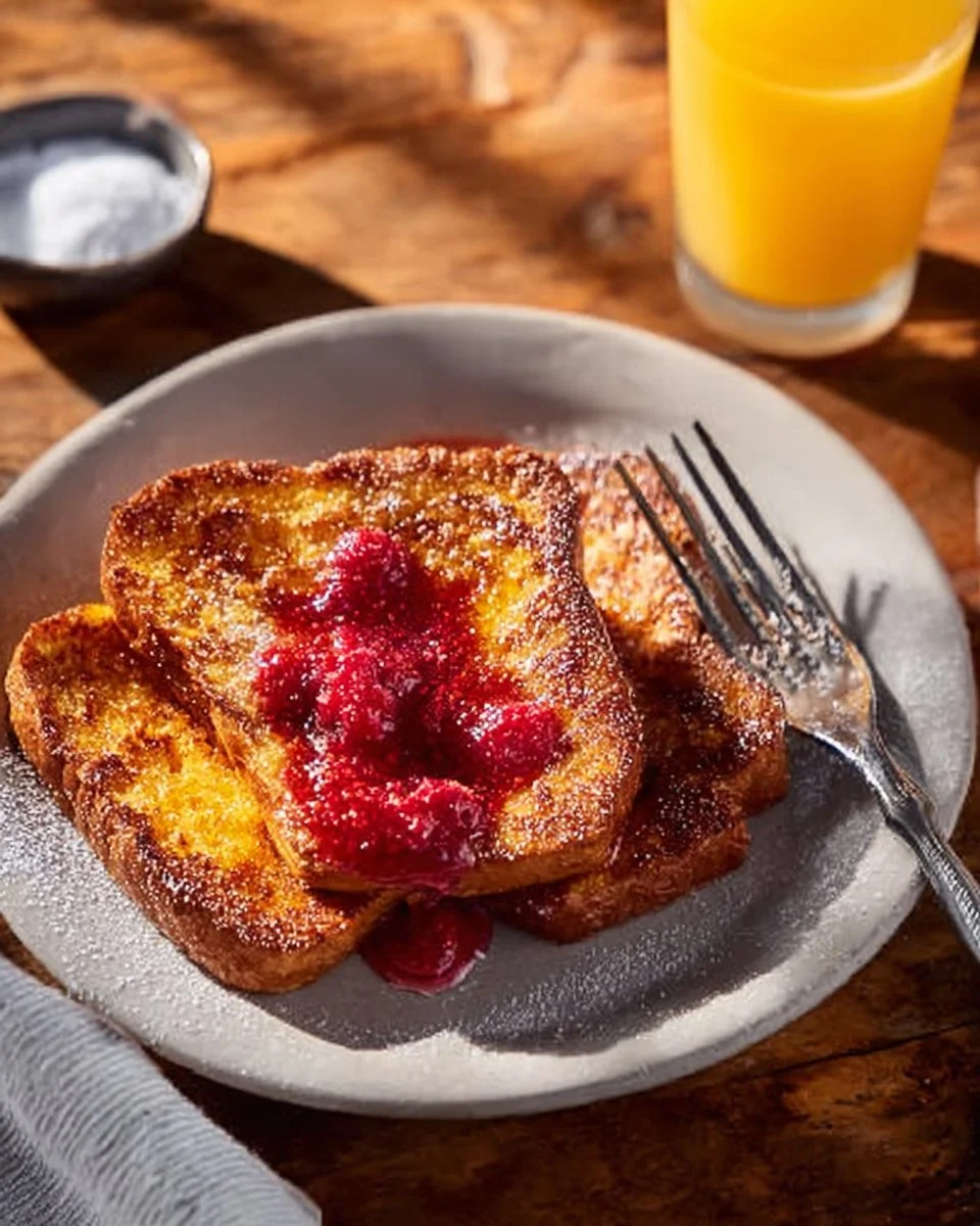Delicious French Toast Bake served on a rustic plate with powdered sugar and berries.