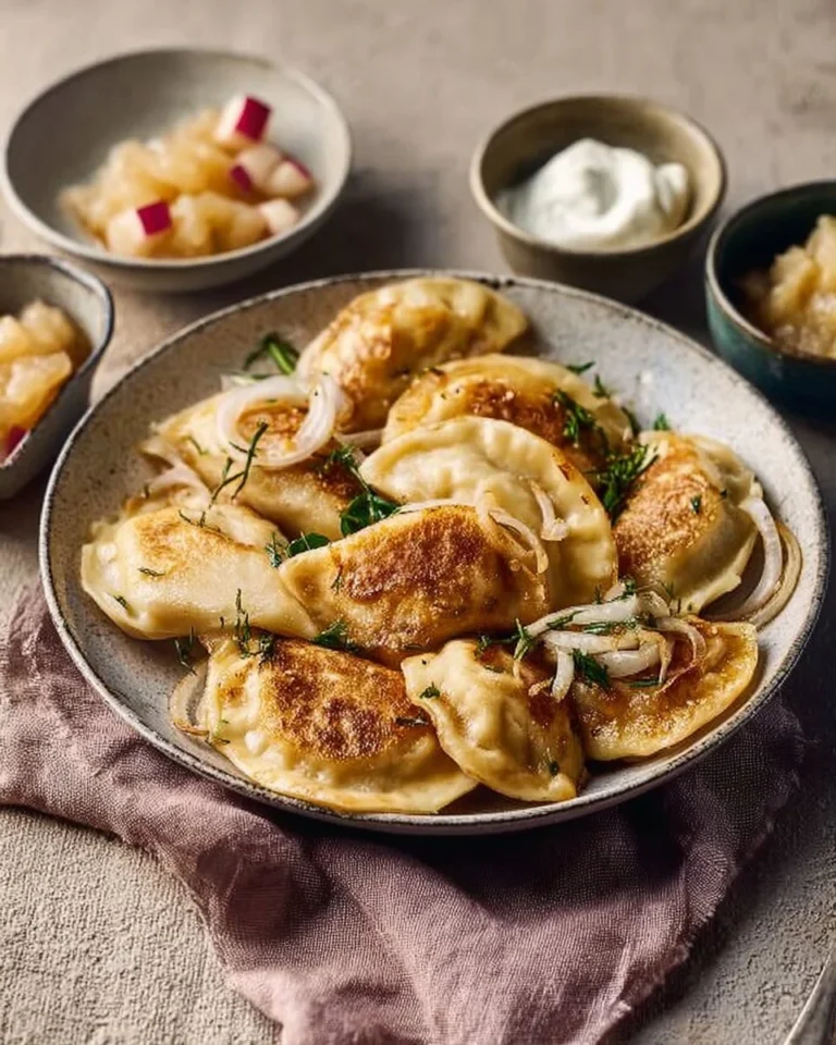 Plate of homemade pierogi filled with potatoes and cheese