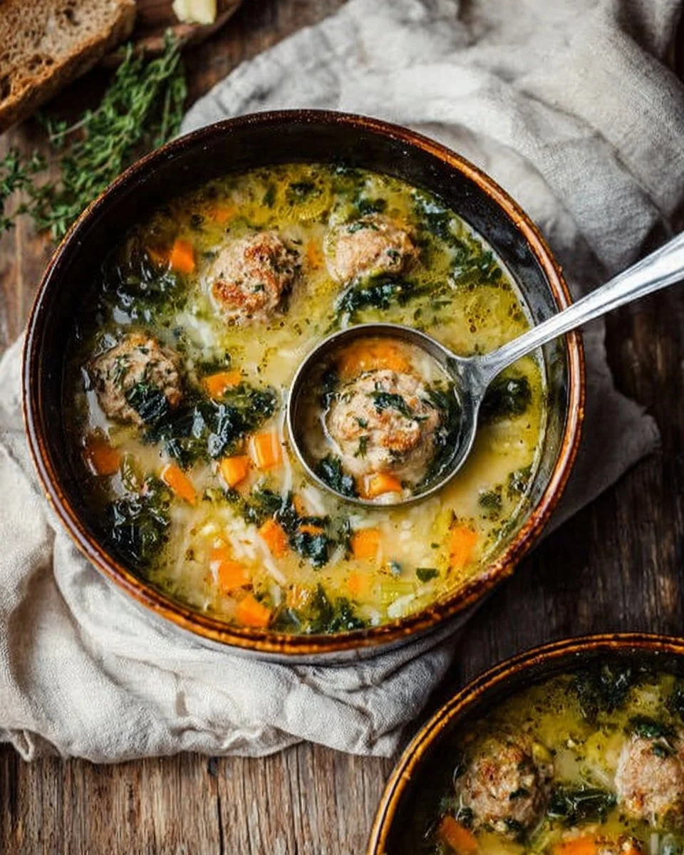 A bowl of hearty Italian Wedding Soup with meatballs, greens, and broth