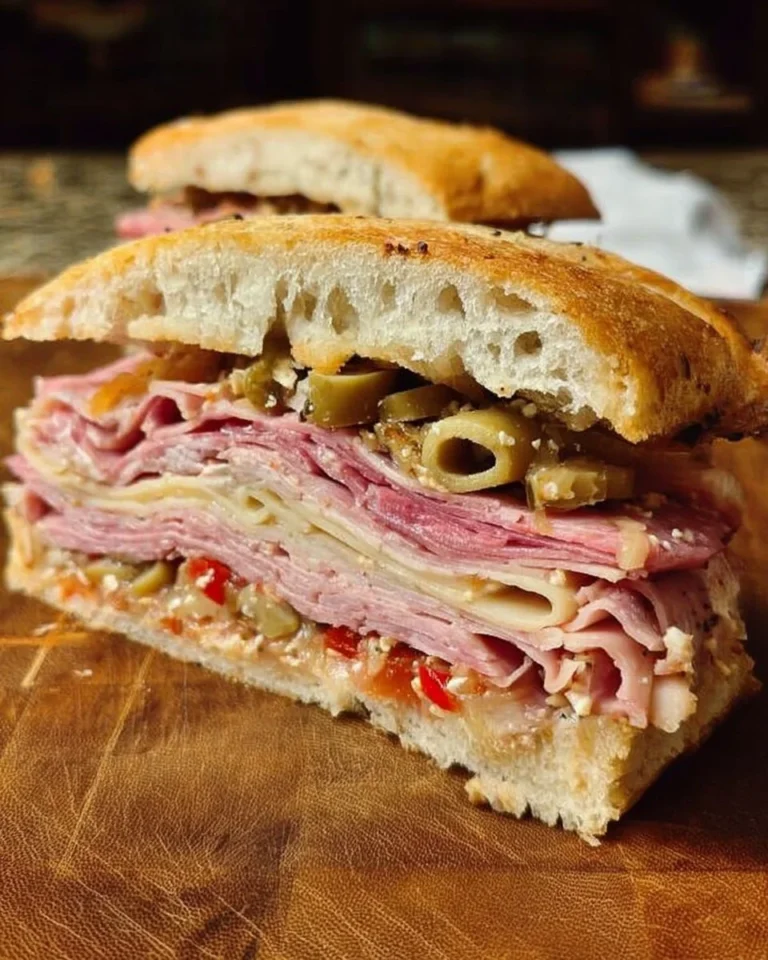 Delicious Muffaletta sandwich with layers of meats and olives.