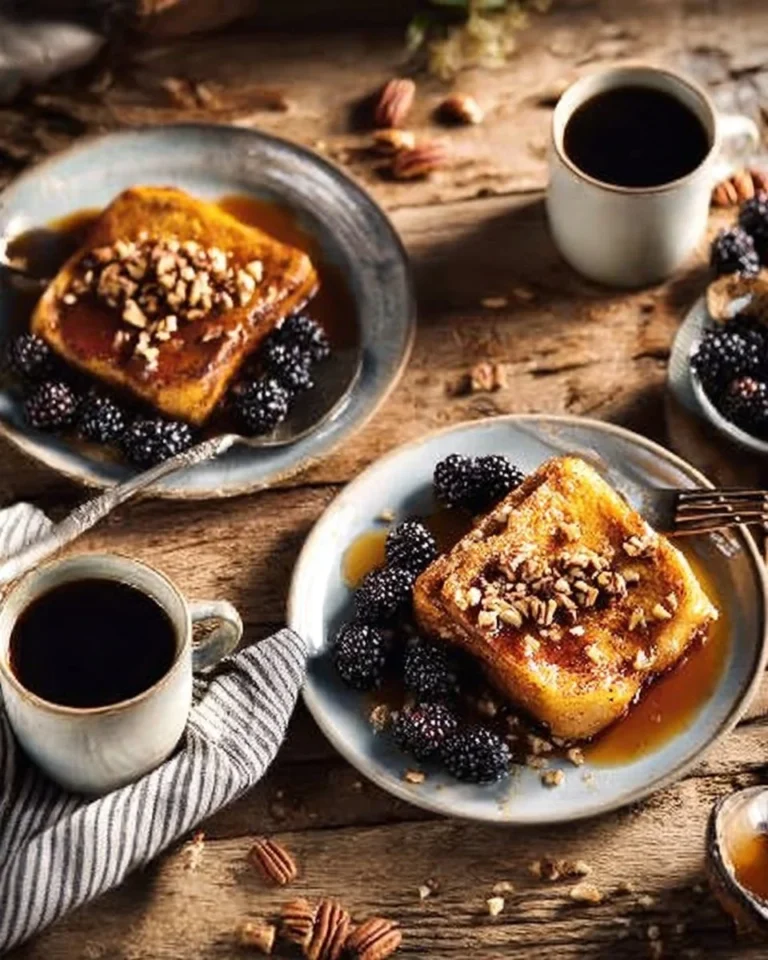 Delicious Praline French Toast topped with nuts and syrup