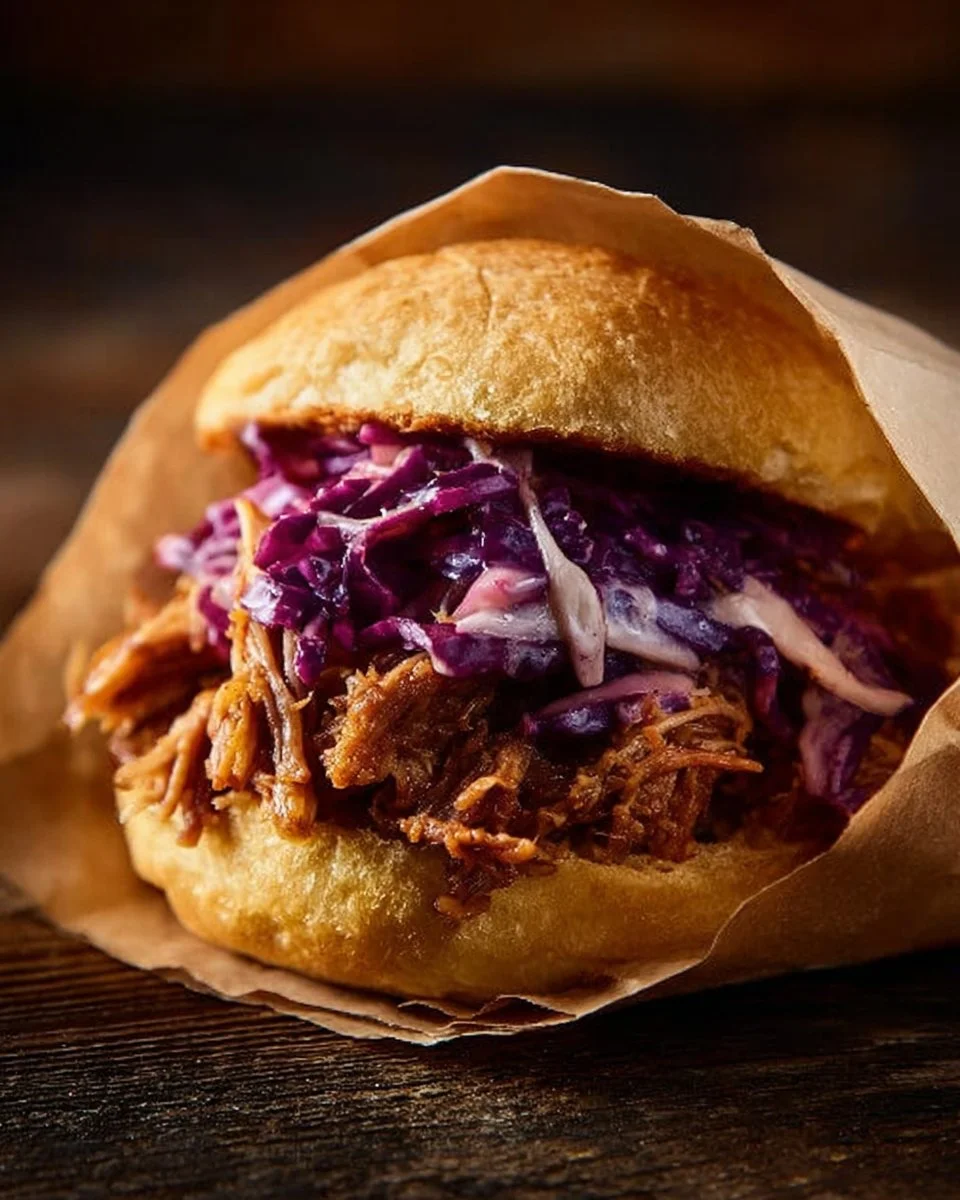 Delicious pulled pork in a barbecue sauce served with coleslaw