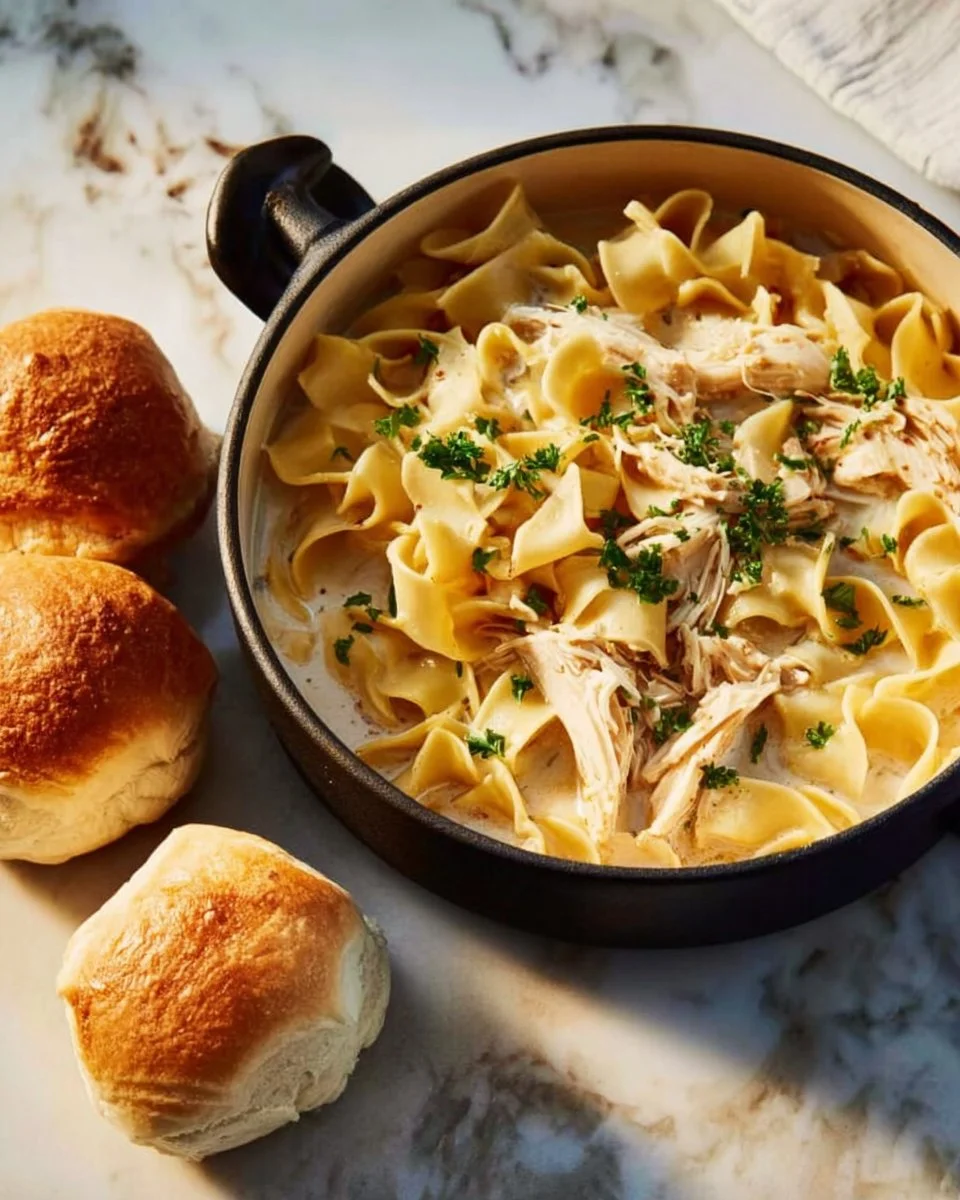 Bowl of Shaker Chicken Noodle Soup garnished with herbs