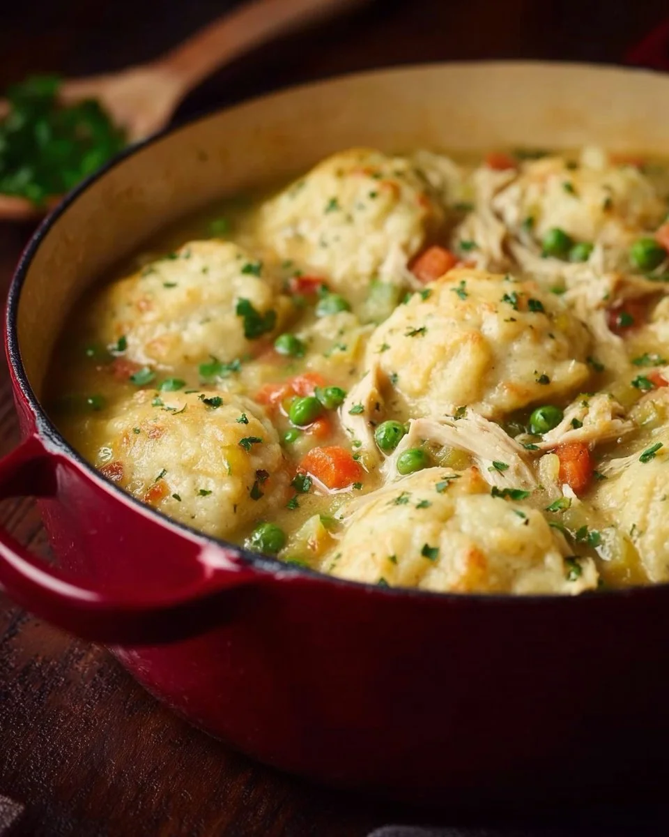 A bowl of turkey and dumplings served with fresh herbs